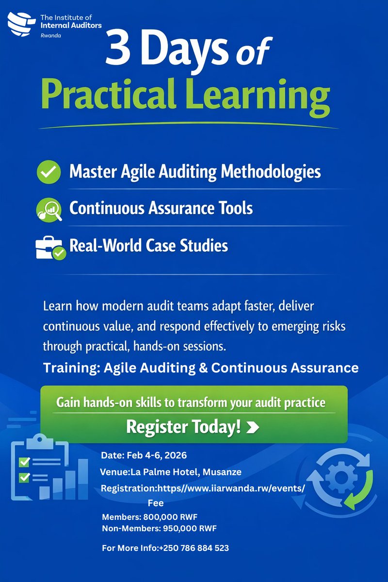 iiarwanda's tweet photo. Stay ahead with Agile Auditing and Continuous Assurance . 🖊️
Register today via https://t.co/CatbOwEhAi https://t.co/i3WORXRPIE