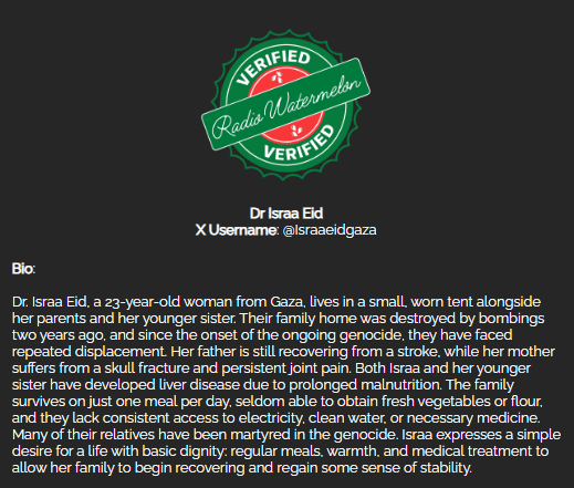 RadioWatermelon's tweet image. 🚨Low donations - Only €178 raised 🚨

Dr Israa Eid's Family
#VerifiedByRadioWatermelon 
🖇️: chuffed.org/project/124225…
The last donation was 4 months ago
Please donate and share
While the World Watches, You Can Feed