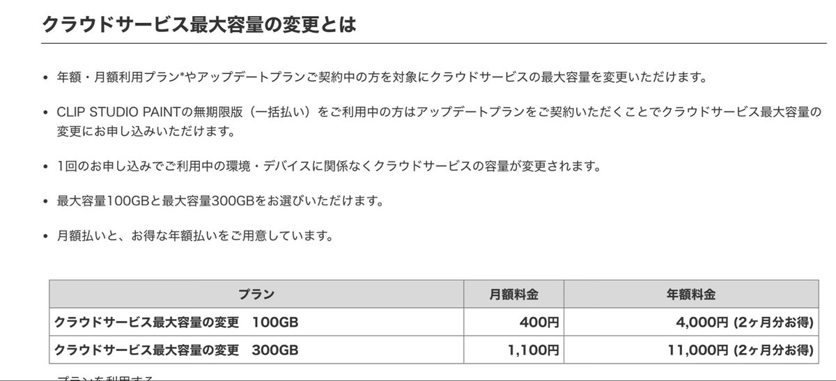 みんなたちー！クリスタのクラウド100GB無料が終わって、有料プランになるよ！変わってからも今保存してる分はそのまま使えるんだけど、一ヶ月経つごとに古いデータから消去されるので気をつけて！有料プランに切り替えるか、他の媒体に保存しないとだよ！ec.clip-studio.com/ja-jp/help#abo…