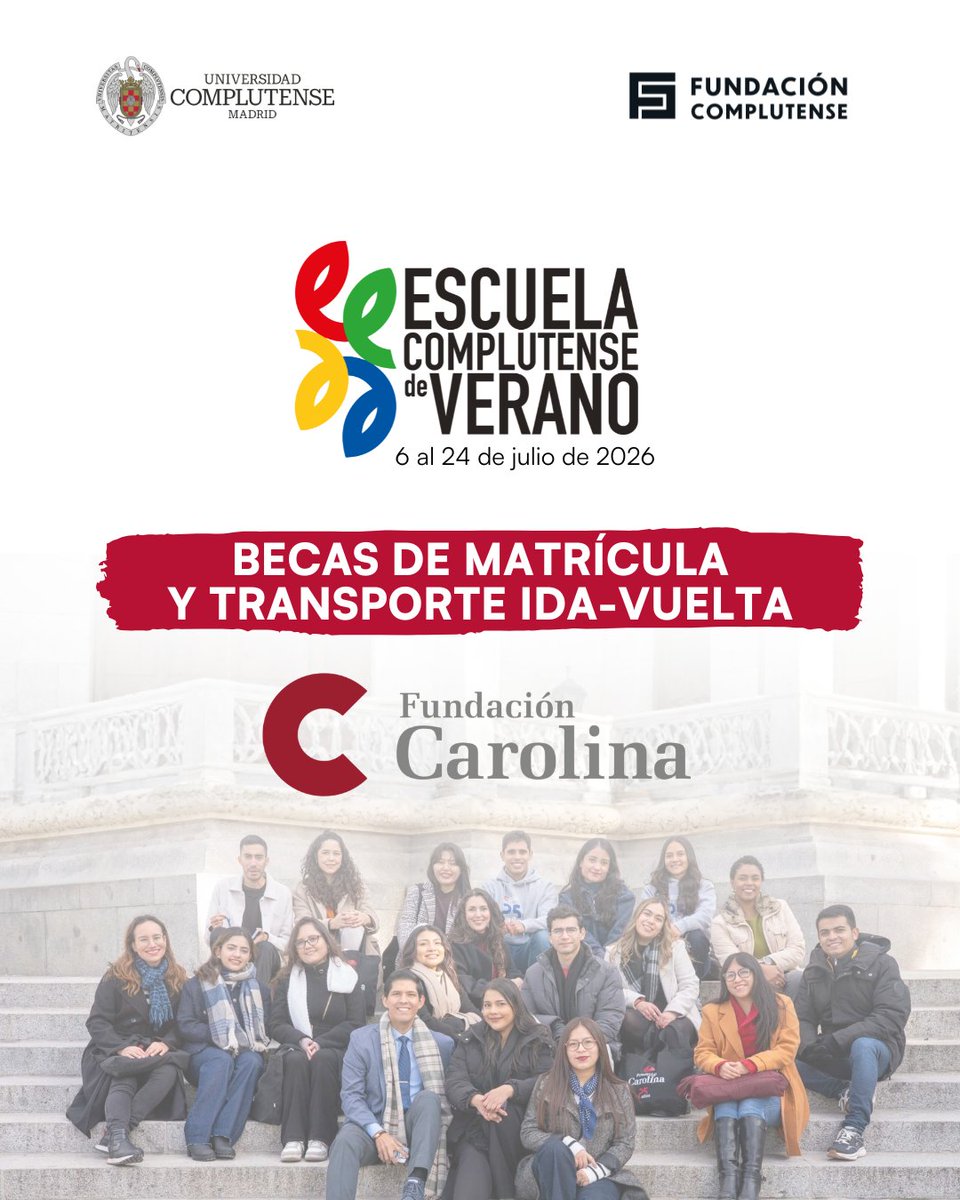 fundacionucm's tweet photo. 🎓✨¿Te interesa obtener una #beca de desplazamiento y matrícula para la próxima edición de la Escuela Complutense de Verano? ✈️🎓🇪🇸 . ¡Ya está abierta la convocatoria de becas de @Red_Carolina para la #ECV26!
Conoce toda la información y haz el registro en 👇
🔗 https://t.co/silXOSCJlL
👉 Los cursos se realizarán del 6 al 24 de julio. La convocatoria para la totalidad de los cursos estará disponible próximamente.