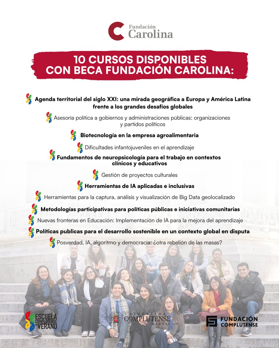 fundacionucm's tweet photo. 🎓✨¿Te interesa obtener una #beca de desplazamiento y matrícula para la próxima edición de la Escuela Complutense de Verano? ✈️🎓🇪🇸 . ¡Ya está abierta la convocatoria de becas de @Red_Carolina para la #ECV26!
Conoce toda la información y haz el registro en 👇
🔗 https://t.co/silXOSCJlL
👉 Los cursos se realizarán del 6 al 24 de julio. La convocatoria para la totalidad de los cursos estará disponible próximamente.