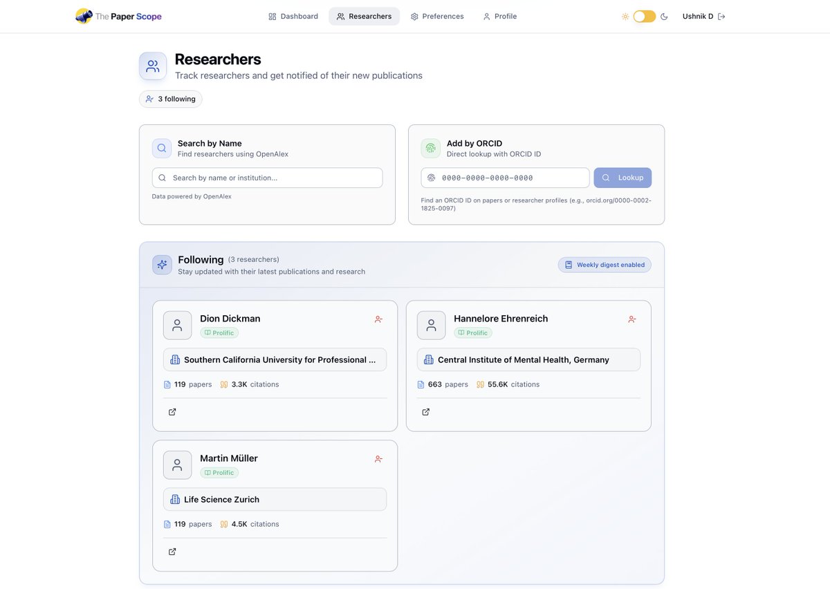 yooshnick's tweet photo. It not only lets you follow specific researchers so you don't miss their new work but also gives you short 2 line summary on why the paper could be interesting for you.

Built it mainly for scientists/PhDs who just want signal, not noise :)

Here’s how the dashboard looks: https://t.co/6ssCuTlI07