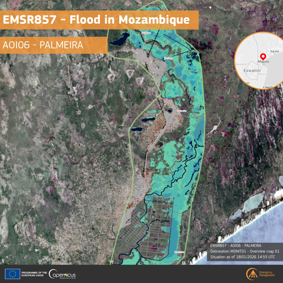 CopernicusEMS's tweet photo. ๐Floods hit South Africa, Mozambique & Zimbabwe, killing over 100.
In 6 areas๐ฒ๐ฟ our #MappingTeam estimated:
166,770 ha of max flooded area,
24,000 people and 550 km of roads potentially affected.
Check the link in the comments to monitor the evolution.
#EMSR857๐ฐ๏ธ https://t.co/V5TJNPuHiC