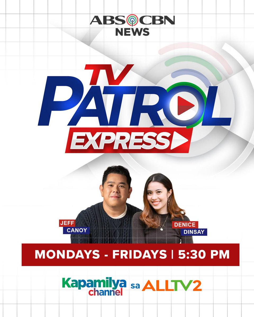 Mga impormasyong mahalaga, hatid ng TV Patrol Express.

📺 Abangan ang #TVPatrolExpress, Lunes hanggang Biyernes, simula 5:30 PM sa Kapamilya Channel sa ALLTV2.

#ABSCBN #ALLTV2 #KapamilyaChannelSaALLTV2 #DMJCreativeProduction