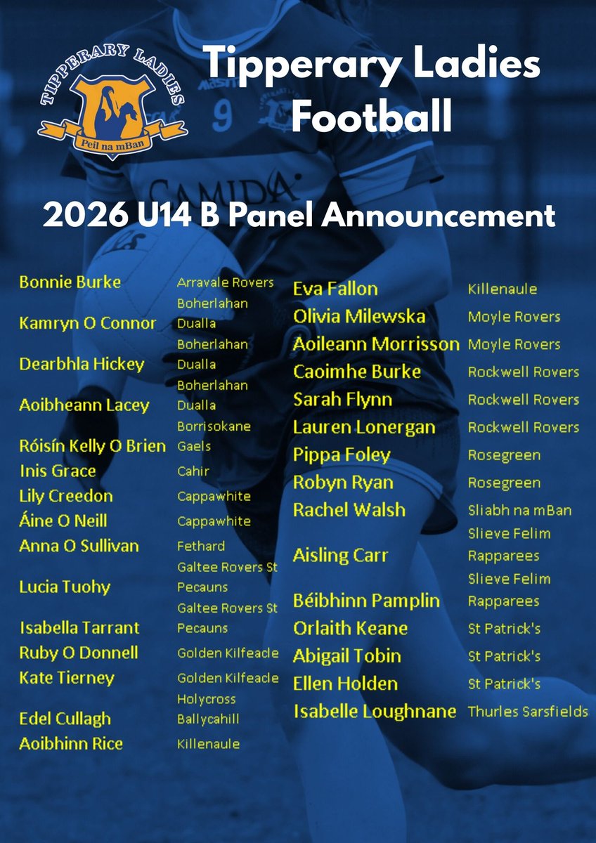 TipperaryLGFA's tweet photo. ๐๐ Tipperary LGFA U14 Panels 2026 ๐๐
Congrats to all selected for the U14 A & B panels! ๐
Thanks to every player, club & coach involved in the trials.
Best of luck for the season ahead โ Up Tipp! ๐๐
#TipperaryLGFA #U14 #UpTipp https://t.co/MXdCW1G98r