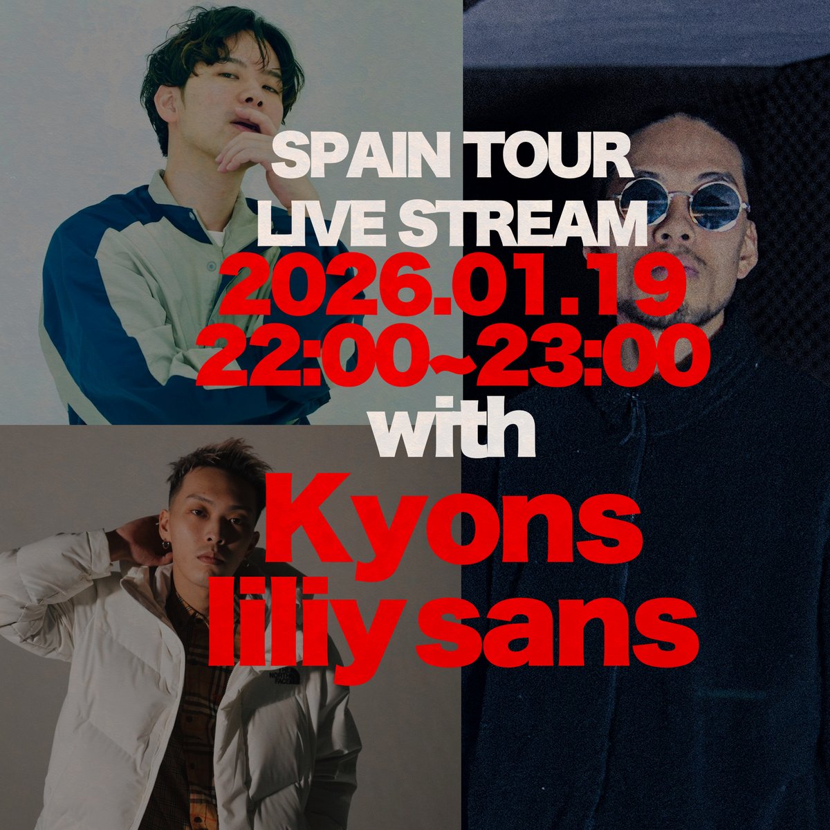 【本日】スペインアルバム＆ツアー期間中・毎日ライブ配信企画！
1月19日（月）
22:00〜23:00
lily sans
<a href="/lilysans_twf/">lily sans 🤪Freak's'🌚</a>
Kyons
@kyons_freazyyyyy
がゲストで登場🔥
今回のコラボ楽曲の話や、
最近のお互いの活動について
ぜひリアルタイムで遊びに来てください！
