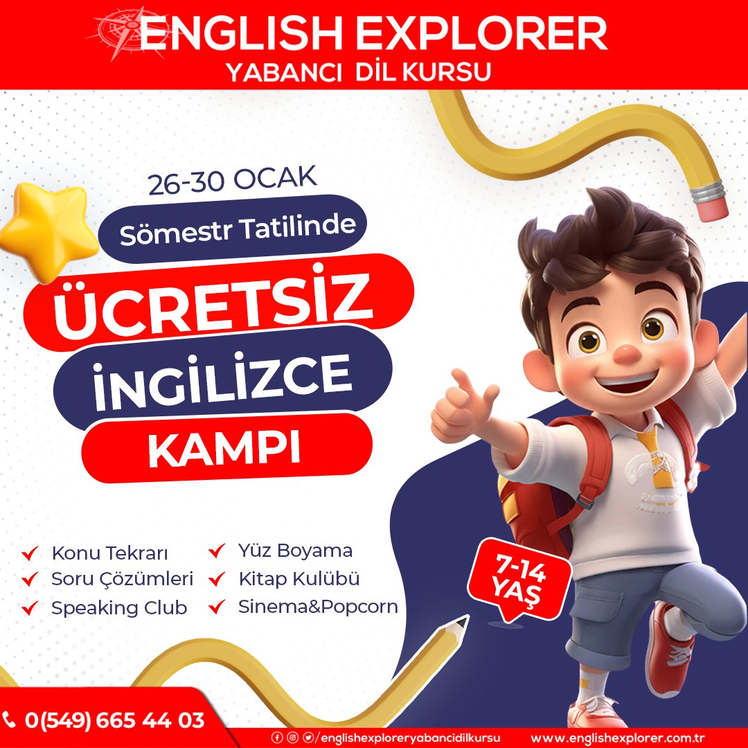 eng_explorer's tweet photo. English Explorer Ücretsiz İngilizce Kampı ile tatil çok daha keyifli!
📅 26–30 Ocak | 👧🧒 7–14 yaş
#englishexploreryabancıdilkursu #englishexplorerturkey #ingilizcekursu #yabancıdilokulu #ingilizceyikeşfeçıkıyoruz #sömestrtatili #yarıyıltatili #çocuklariçiningilizce https://t.co/mPeYerYvh5
