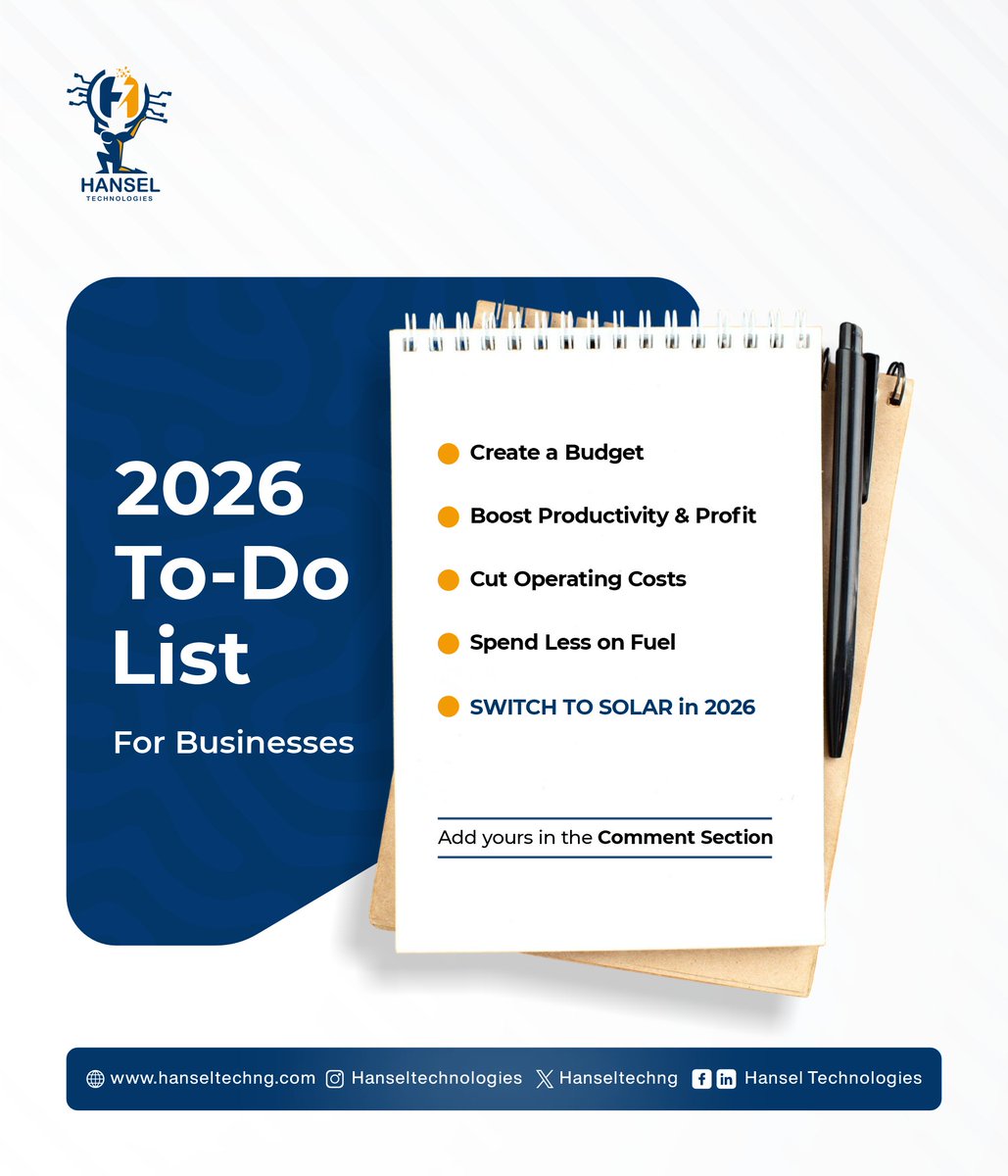 HanselTechNG's tweet photo. 2026 is about smarter choices, not higher bills.
Switch to solar and start saving.

What’s on your to-do list this year?

#todolist #AFCON #AFCON2025 #HappyNewWeek #Africa #solarenergy https://t.co/0XJSEwEBqv