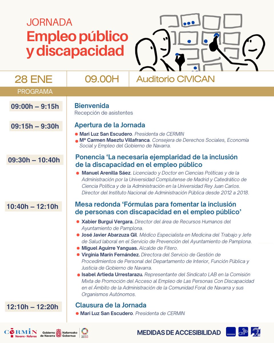 CERMI_Na's tweet photo. 🛄Jornada: Empleo público y discapacidad.
Desde @CERMI_Na hemos organizado una jornada sobre el acceso y la inclusión de las personas con discapacidad en el empleo público.
📅 28/01 | 🕘 9:00–12:30 | 📍 CIVICAN
📝 Inscripción: https://t.co/tmKh849BU9
👇Aquí el programa👇 https://t.co/Uf6E4xN1gK