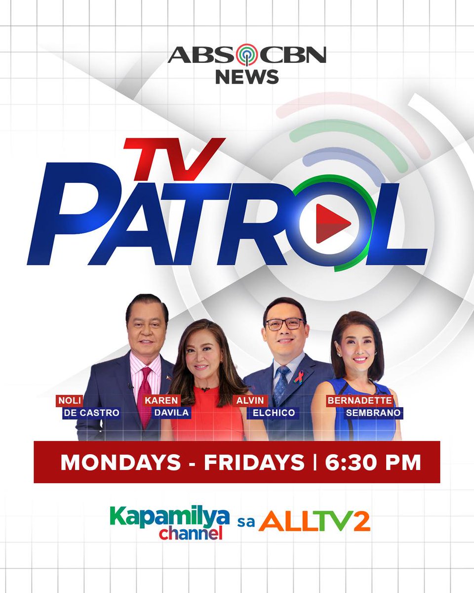 Tutukan ang nagbabagang mga balita araw-araw. 

📺 Panoorin ang #TVPatrol, Lunes hanggang Biyernes, simula 6:30 PM sa Kapamilya Channel sa ALLTV2

#ABSCBN #ALLTV2 #KapamilyaChannelSaALLTV2 #DMJCreativeProduction