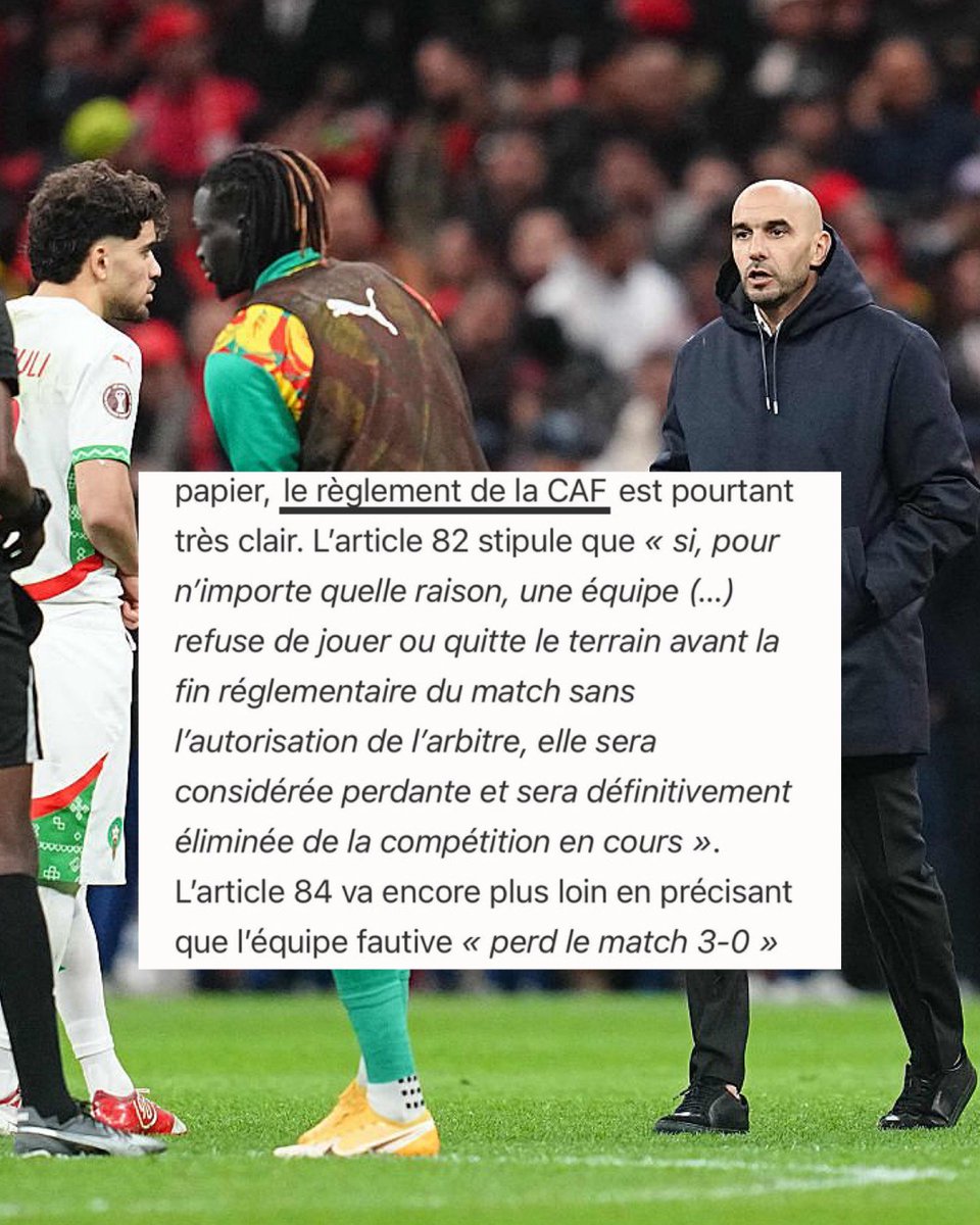 Le règlement de la <a href="/CAF_Online/">TotalEnergies AFCON 2025</a> est clair.

Pape Thiaw 🇸🇳 n’aurait jamais du être autorisé à arrêter le match et créer la pagaille dans les tribunes sans une défaite sur tapis vert. 

La honte pour l’Afrique jusqu’au bout.