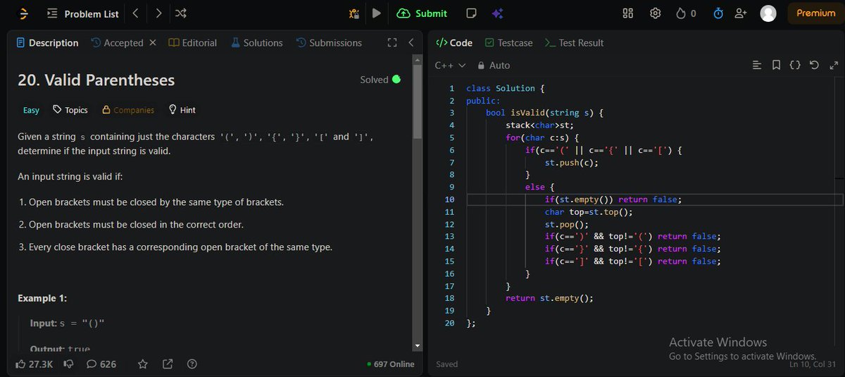 Saijayadeep7's tweet photo. DAY 19 
simple logic is any bracket just before the closing bracket should be the same type if not return false ,That's it https://t.co/m4twMqiQsE