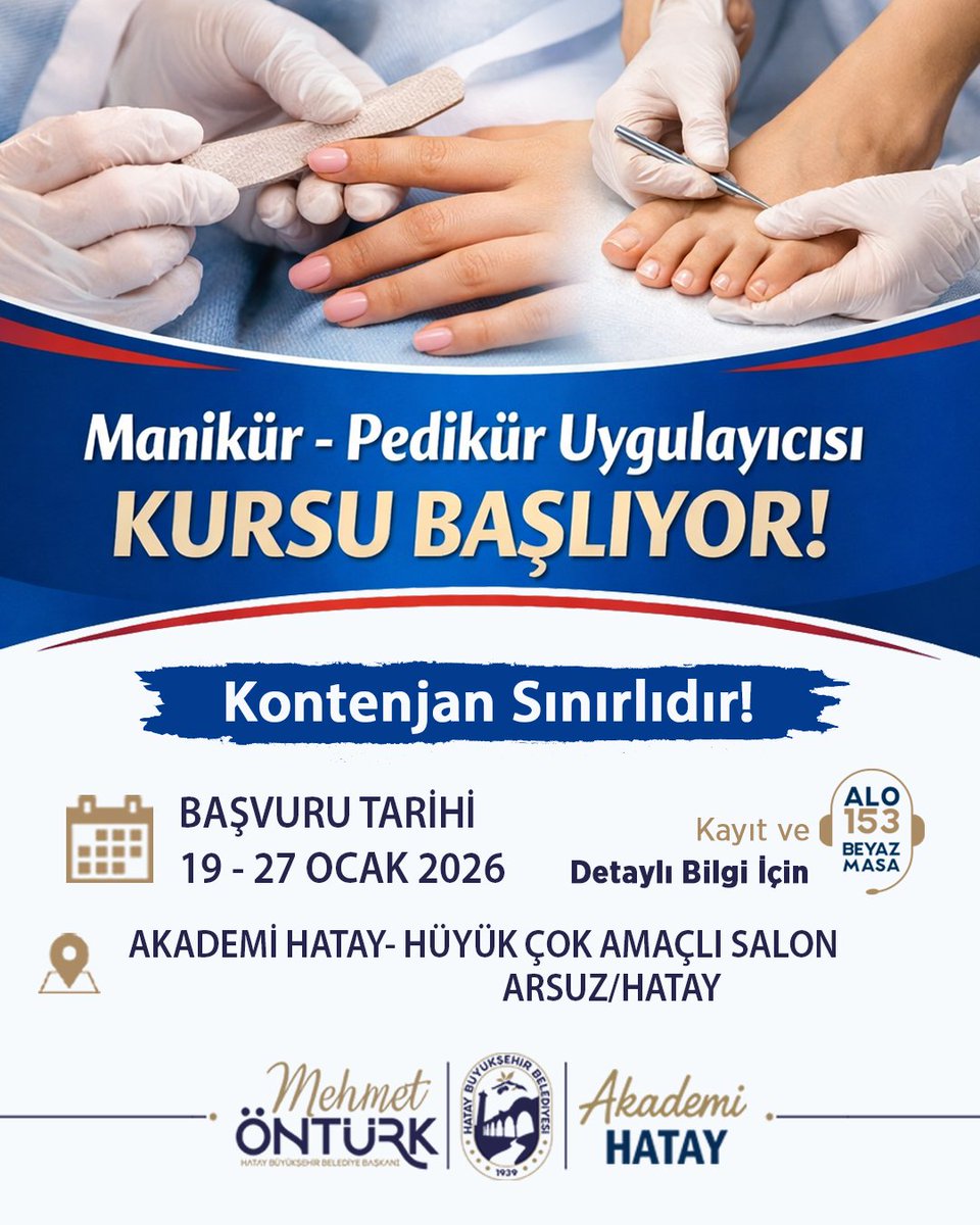 AkademiHatay's tweet photo. 💅 Manikür – Pedikür Uygulayıcısı Kursu Başlıyor! 👣
🗓 Başvuru Tarihleri: 19 – 27 Ocak 2026
📍 Eğitim Yeri: Akademi Hatay – Hüyük Çok Amaçlı Salon Arsuz / Hatay
📞 Detaylı Bilgi: ALO 153 – Beyaz Masa
#hatay #arsuz #akademihatay #manikur #pedikür #kurs #HayatBoyuÖğrenme https://t.co/nXjKzztUwv