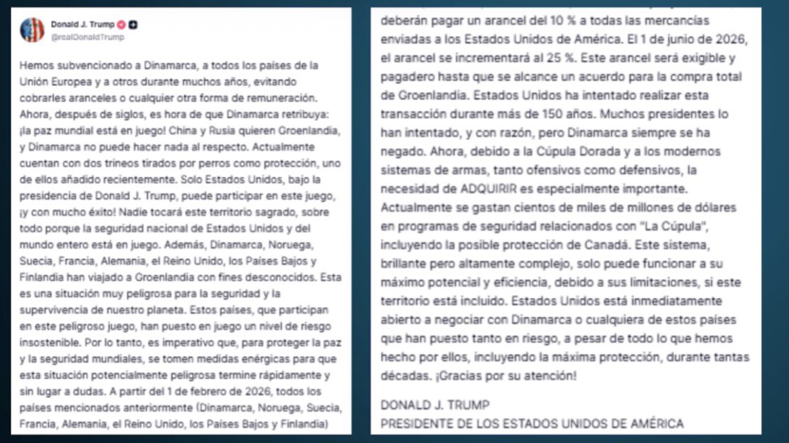 Josevizner's tweet photo. Trump envía una carta al primer ministro de Noruega insistiendo sobre el control de Groenlandia. Se ha enfadado. Y asegura que, al no darle el Nobel de la Paz, 'no siente la obligación de pensar únicamente en la paz'.

Alguien cercano tiene que pararle. Os pongo la carta.

"Considerando que su país decidió no otorgarme el Premio Nobel de la Paz por haber detenido 8 guerras MÁS, ya no siento la obligación de pensar únicamente en la paz, aunque siempre será predominante, sino que ahora puedo pensar en lo que es bueno y apropiado para los Estados Unidos de América. Dinamarca no puede proteger esa tierra de Rusia o China, y, de todos modos, ¿por qué tienen un "derecho de propiedad"? No hay documentos escritos, solo que un barco atracó allí hace cientos de años, pero también hubo barcos que desembarcaron allí. He hecho más por la OTAN que cualquier otra persona desde su fundación, y ahora la OTAN debería hacer algo por Estados Unidos. El mundo no estará seguro a menos que tengamos el control total y completo de Groenlandia. ¡Gracias! Presidente DJT"