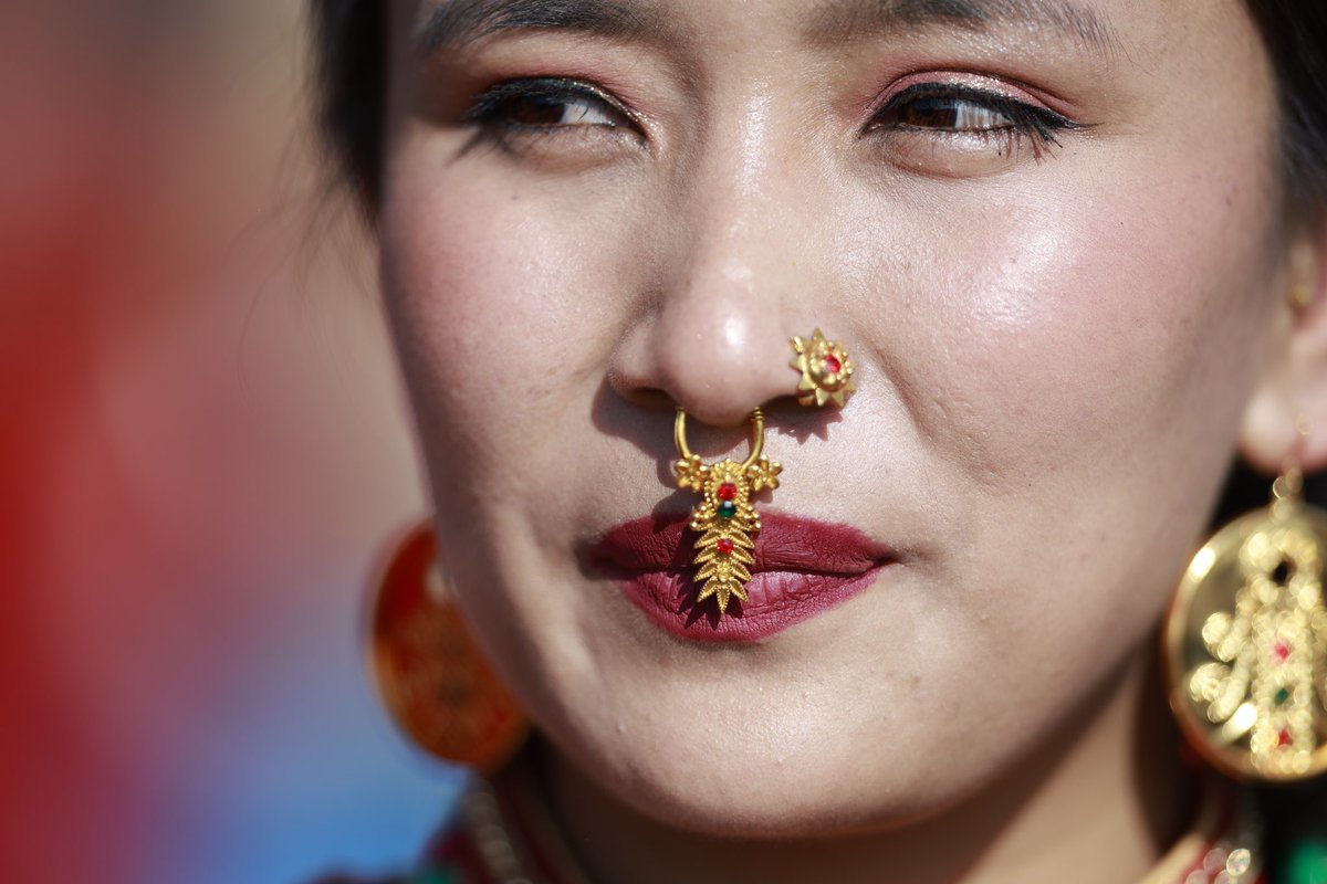 Women in traditional attire dance and sing during Sonam Lhosar celebrations, marking the Tamang New Year and the beginning of the Year of the Horse, in Kathmandu, Nepal, on Monday, January 19, 2026.