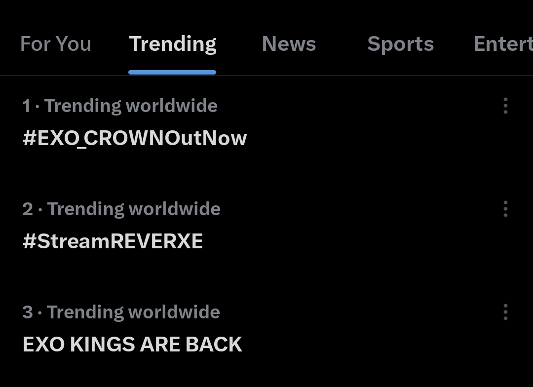 EXO occupies the entire Top 3 Trends on X Worldwide 🌐 

EXO KINGS ARE BACK
#EXO_CROWNOutNow 
<a href="/weareoneEXO/">EXO</a> #EXO_REVERXE