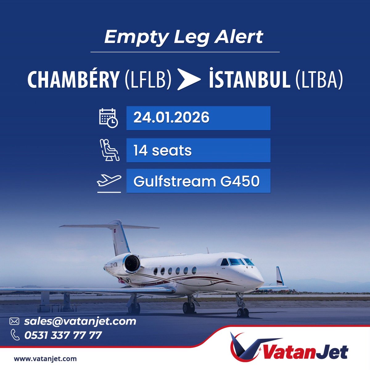 VatanJet's tweet photo. EMPTY LEG ALERT ⚠️
Chambéry ( LFLB ) ➡️ İSTANBUL (LTBA)
🗓️ 24.01.2026
🛩️Gulfstream G450
💺Up to 14 passengers
Please contact us to discuss your travel plans.
📧 sales@vatanjet.com
📞 0531 337 77 77
🌐 https://t.co/iG5Xjjcv9B
#PrivateJet #LuxuryTravel #EmptyLeg #Aviation https://t.co/n7sSfPdWE2