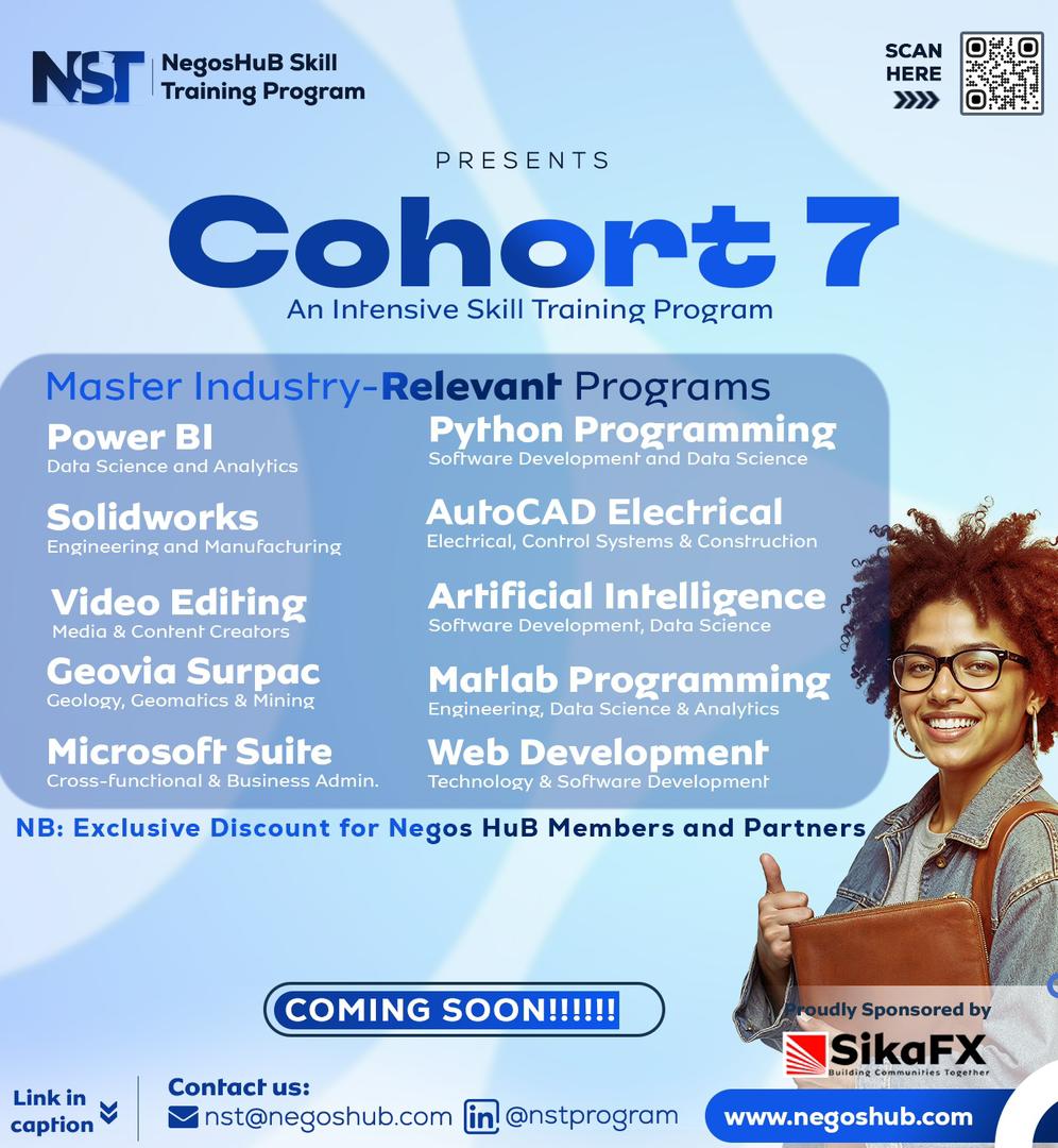 negos_creations's tweet photo. 🚀 NST Cohort 7 is coming soon!
A 1-month intensive skill training program in Tech, Engineering, Media, Business &amp; more.
🎓 Certificate | 💙 Member discounts
🔗 Join for discounts: https://t.co/8PMpWJnsA1
Sponsored by SikaFX
#NegosHuB #SkillTraining https://t.co/4btjn7nyXS