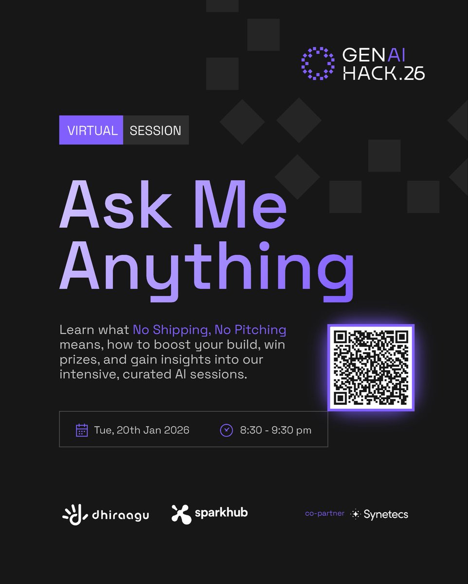 sparkhubmv's tweet photo. Curious about #GenAIHack? π€
Join our ASK ME ANYTHING virtual session tomorrow to learn who can join, what to build, goodies, prizes & more.
π Jan 20 | β° 8:30β10:30 PM
π https://t.co/OpBLM3q6XOβ¨β¨#GenAIHack26
In partnership with @Dhiraagu https://t.co/FJ1FA3Uhvb