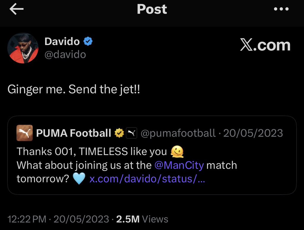 lifeofolaa's tweet image. PUMA sending a private jet to pick up Davido to celebrate Man City’s EPL title win. insane aura. 🔥😂🙌