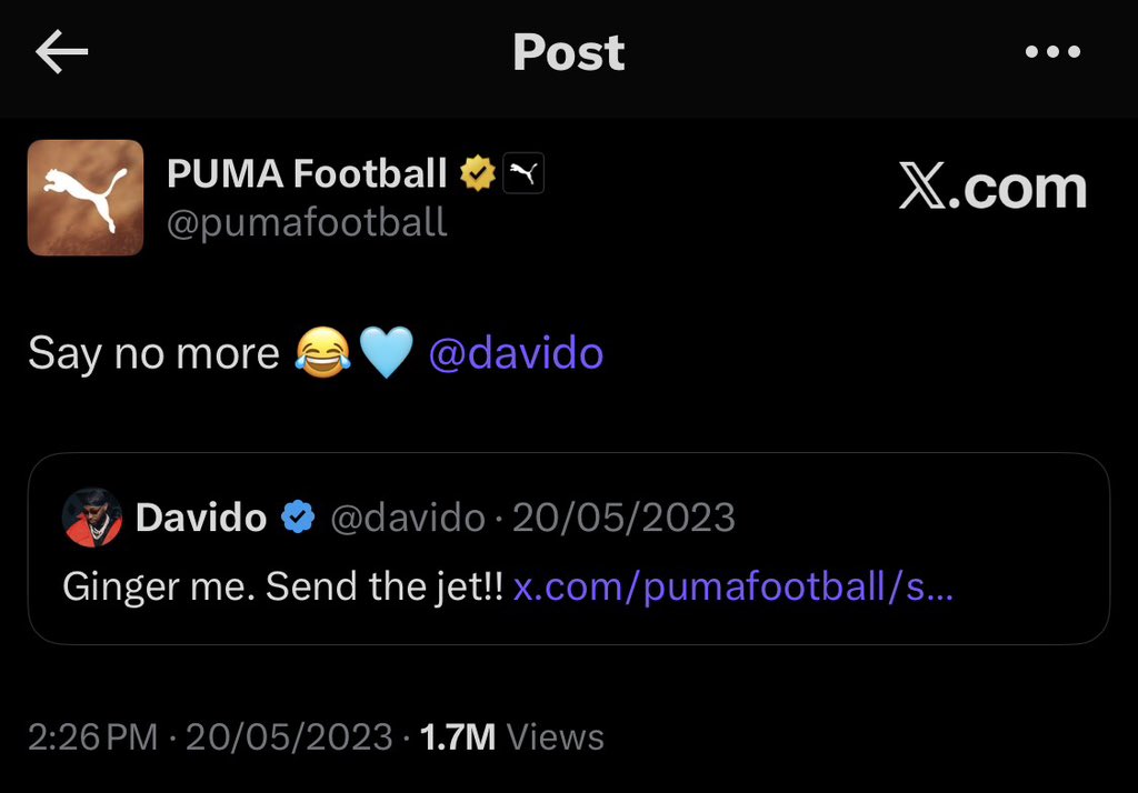 lifeofolaa's tweet image. PUMA sending a private jet to pick up Davido to celebrate Man City’s EPL title win. insane aura. 🔥😂🙌