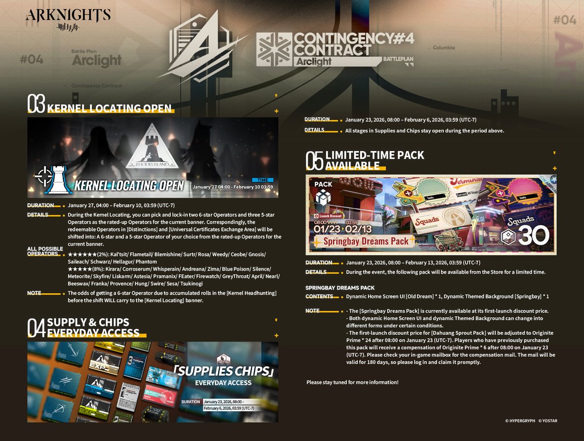 ArknightsEN's tweet image. Dear Doctor,

New event: #ContingencyContract Season #4 Battleplan Arclight will soon be live on January 23, 2026, 08:00 (UTC-7), and some of the contents are available for a limited time. Please refer to the following notification for the event details.

#Arknights #Yostar