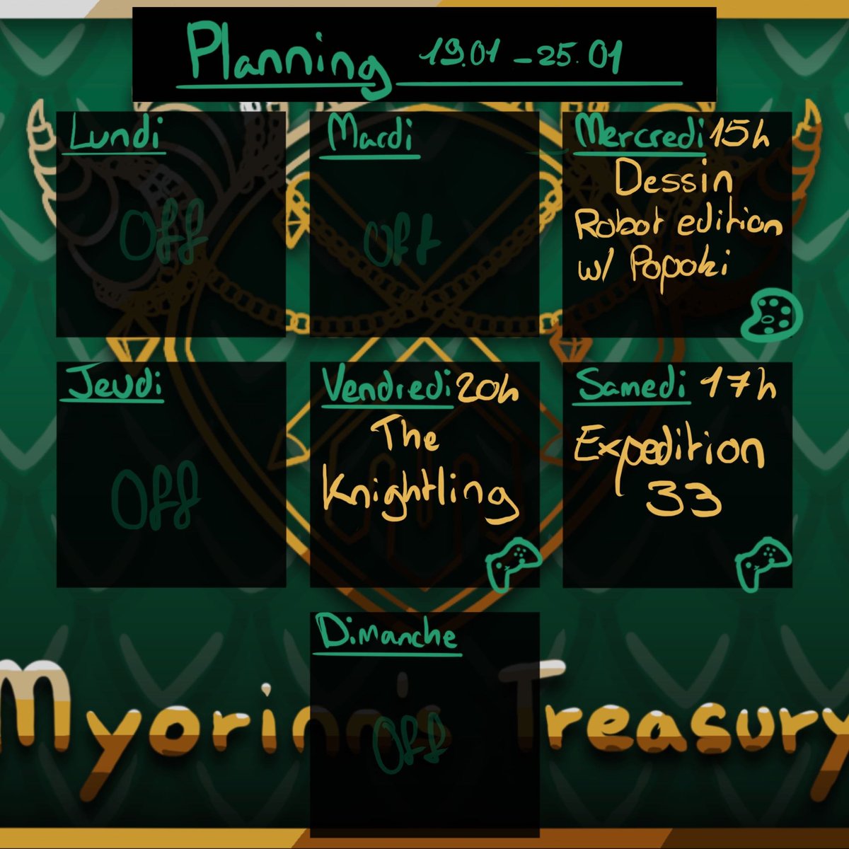 Myorinn's tweet image. Planning de la semaine! On commence deux jeux weekend!

Vendredi ça sera The Knightling, un platformer/exploration 3d et Samedi on commence Expedition 33, pour de vrai cette fois!

Et mercredi je vous invite a nous rejoindre moi et @DoPopoki pour une session dessin special robot!