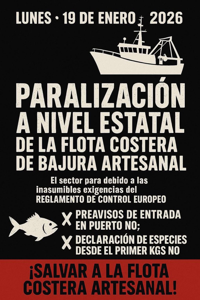Hoy 19 de Enero, paralización a nivel estatal de la flota costera y de bajura artesanal.
lee el comunicado:
bit.ly/ParalizacionPe…
#pesca #Paralizaciones #ccoo #FSCSectorMar
#CCOOSectorMar
