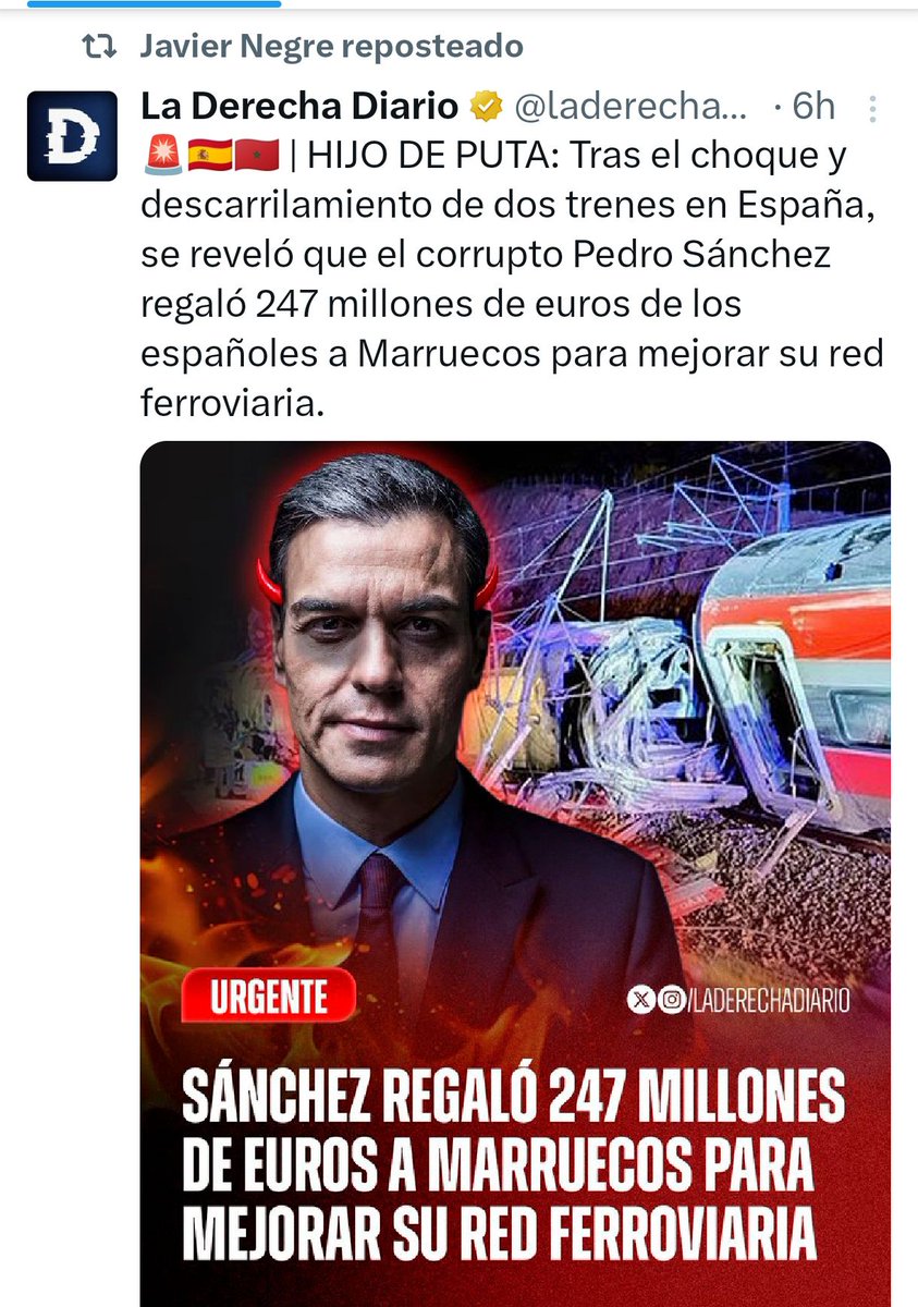 JulianMaciasT's tweet photo. Es acojonante lo de Negre y Vito Quiles, ya van 39 fallecidos confirmados en el accidente ferroviario de Adamuz y en su ansia de usarlo políticamente lanzan cualquier bulo, como este del regalo de dinero a Marruecos. 
Son préstamos que tienen que devolver con intereses. https://t.co/3menVJXeTL