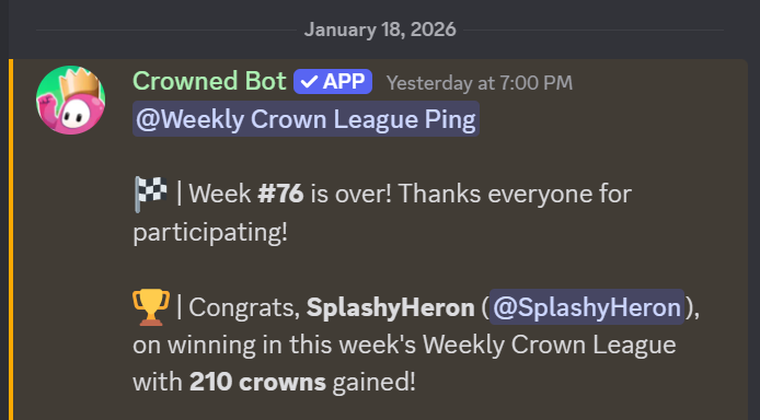 SplashyHeron's tweet photo. My 23rd Weekly Crown League win 👑 #FallGuys #CrownLeaderboard #FallGuysCrownLeaderboard #WeeklyCrownLeague https://t.co/eZp6gujz4j