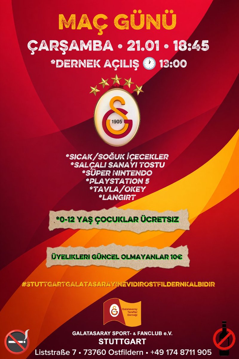 Çarşamba 
Stuttgart GALATASARAYIN evidir OSTFİLDERN kalbidir 
Tüm SARI KIRMIZI Sevdalılarını bekliyoruz..💛❤️

<a href="/TayfunBozkus/">Tayfun BOZKUŞ</a>