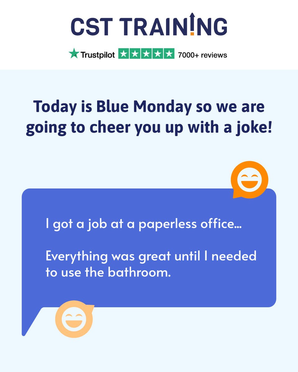 Today is #BlueMonday so we are going to cheer you up with a joke!  

I got a job at a paperless office... Everything was great until I needed to use the bathroom. 😂 

#trainingprovider