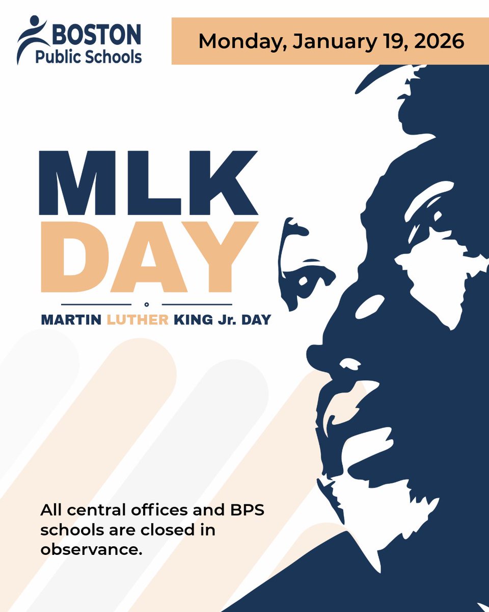 BostonSchools's tweet photo. Today we honor Dr. Martin Luther King Jr. and his enduring call to justice, equity, and service.

We reflect on his legacy and recommit to building a more just future for every student.

Reminder: All @bostonschools central offices and schools are closed today. https://t.co/42Thv5UmLA