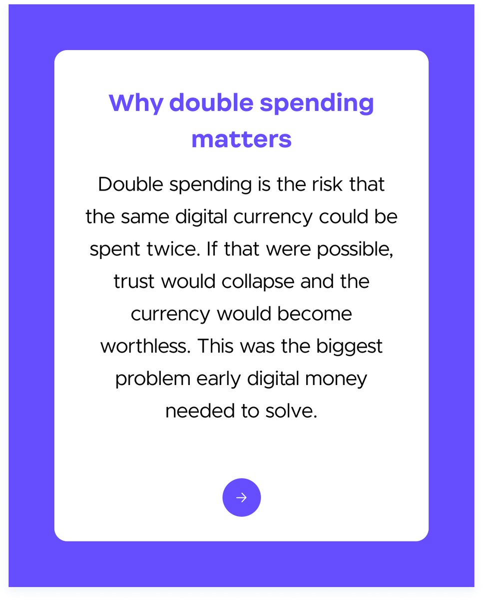 Double spending is why digital currencies like Bitcoin use Blockchain  technology combined with complex cryptographic algorithms to secure and  uphold their ledger of transactions & balances. Swipe across to learn more  or