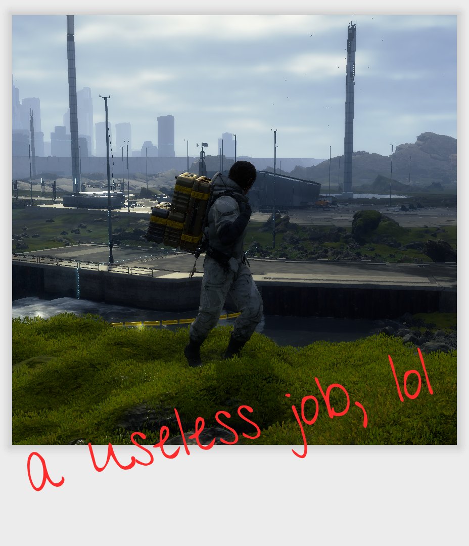 dmns_prtcl's tweet image. “Sammy’s delivering cargo to a Knot City that’s gonna be gone soon anyway, haha” © Higgs 

#DeathStranding #Samhiggs