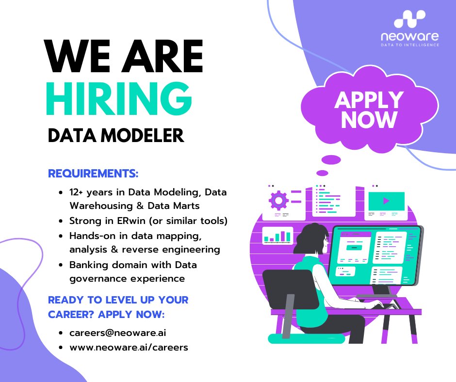 Neo_D2I's tweet photo. Love making sense of messy data? 📢 Now Hiring: Data Modeler 🔗Apply: https://t.co/sbhBaLKFhy. #NeowareTechnologySolutions is hiring a #DataModeler who can turn complexity into clarity and build scalable data foundations that power real business impact. Apply now. https://t.co/olBgQfRXWM
