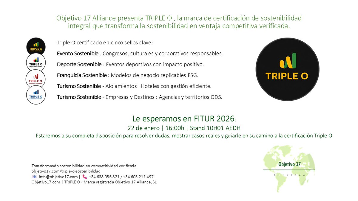 ¡Triple O ya disponible! Sellos sostenibilidad verificados (Deporte, Franquicia, Evento, Turismo) 

📥 DOSSIER FITUR
🗓️ FITUR 22 ene 16h Stand 10H01 AEDH
Estaremos a su disposición.

Objetivo 17 Alliance 💚
objetivo17.com/triple-o-soste…