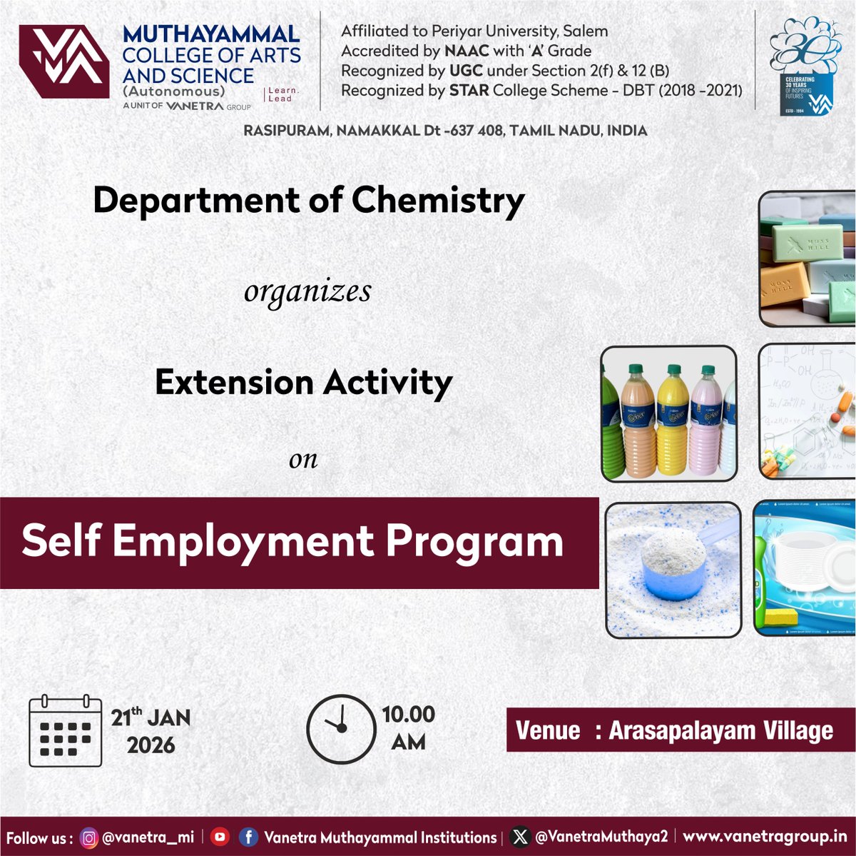 VanetraMuthaya2's tweet image. 🧪 Extension Activity | Dept. of Chemistry
Self Employment Program aimed at community skill development &amp;amp; entrepreneurship.

🗓 21 Jan 2026 | ⏰ 10 AM
📍 Arasapalayam Village

#SelfEmployment #ExtensionActivity #Chemistry #MCAS #CommunityOutreach #SkillBuilding