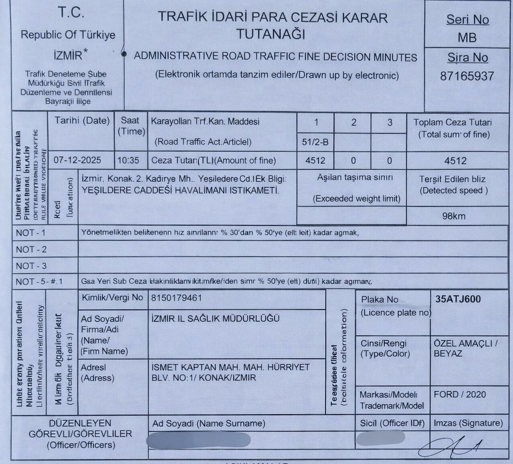 ゆき✈様 7点まとめページ İzmir'de Yeşildere Caddesi'nde 98 kilometre hızla ilerlediği
