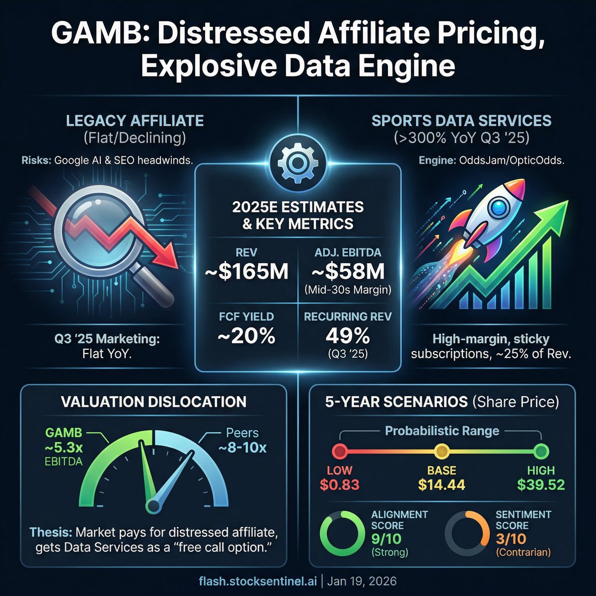 GAMB: The market still prices it like a broken SEO affiliate at ~5x EBITDA,  despite staying profitable. Sports Data Services (OddsJam/OpticOdds) grew  >300% YoY and is nearing ~25% of revenue. With ~20%