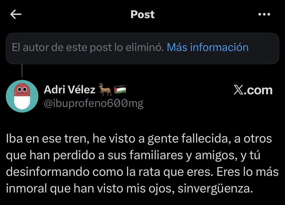 El ultra fascista acosador de <a href="/vitoquiles/">Vito Quiles</a> ha tenido que borrar un bulo que había puesto sobre el accidente de tren. 
Una de las personas que iba en ese tren la había respondido esto. 
Publicar un bulo de un accidente que ya ha dejado 39 fallecidos es repugnante, miserable y de