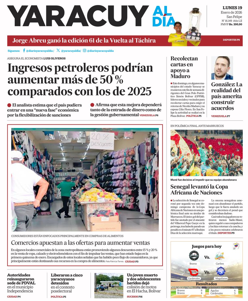 yaracuyaldia's tweet photo. 🗣️ Feliz día para todos 🌅

En este #19Ene les presentamos la #primerapagina de nuestra edición impresa 📰

Todas las noticias las puedes ampliar visitando la página web ▶️ https://t.co/eJiTAQAgsc https://t.co/0aFhMHsFf8