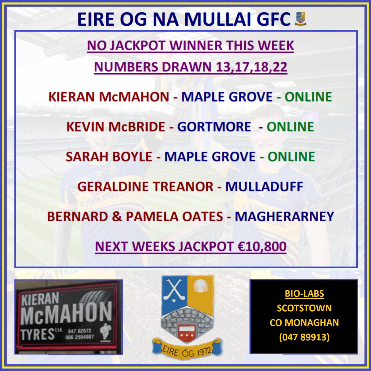 LOTTO RESULTS JANUARY 18TH
Get all the latest news on the Éire Óg Na Mullaí CLG app member.clubspot.app/club/eire-og-n…