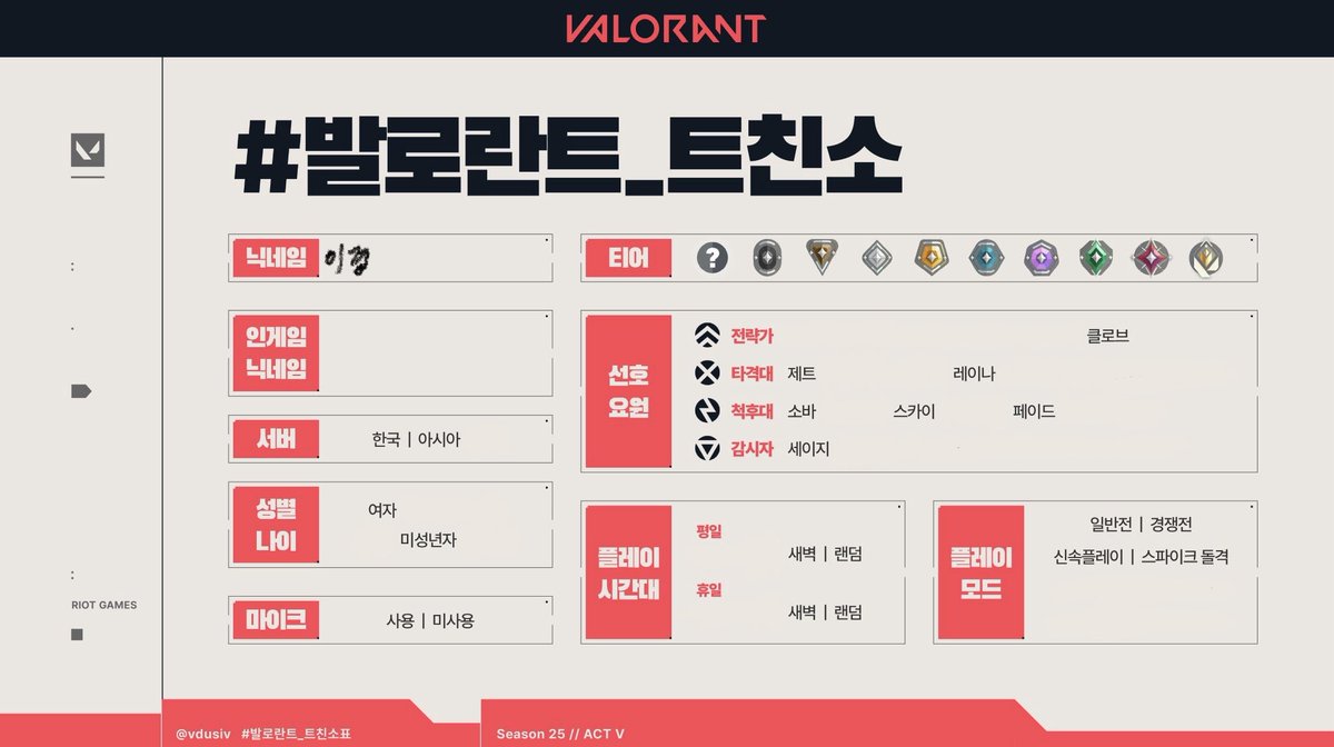 2xon9's tweet image. #발로란트트친소
한섭 아섭 둘 다 하고 평소에 신속 스돌 하는데 요즘 일반도 종종 하고 있어요 즐겜 지향하고 주로 새벽에 겜합니다 낯가려서 초면에는 듀오나 트리오 선호해요😶‍🌫️ 흔적 잡을게요