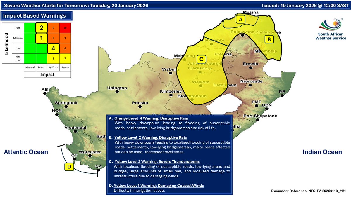 Weather forecast for today &amp; tomorrow, 19 - 20 January 2026.
Cloudy &amp; cool conditions are expected in the east, with isolated to scattered showers &amp; thundershowers possible. Otherwise, partly cloudy &amp; warm to hot. 
#weatheroutlook #southafricanweather #saws