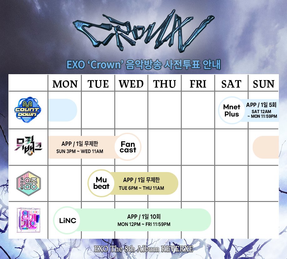 [OFFICIAL] 260119 EXO Weverse Update
🔗 weverse.io/exo/notice/332…

EXO ‘Crown’ Music Show Voting Schedule Information

1) M Countdown [Mnet Plus] - Vote start on Jan 24, 12AM KST

2) Music Bank [Fancast] - Vote starts on Jan 25, 3PM KST

3) Show! Music Core [Mubeat] - Vote starts