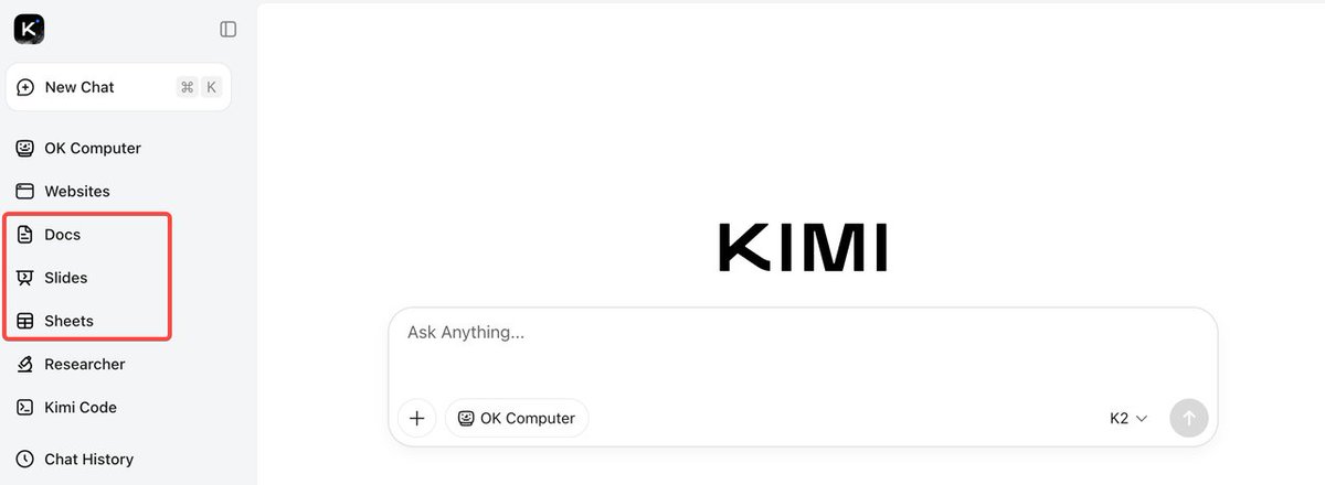 Kimi docs slides sheets UI