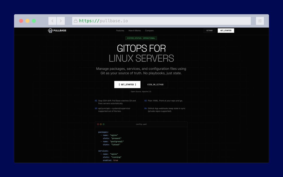 I am thrilled to launch <a href="/pullbase/">Pull Base</a> an open source project that treats every Linux server like a Git-managed resource

Why Pullbase?
- Pull-based Go agent keeps every Linux server in its declared Git state.
- Continuous drift detection &amp; auto-reconcile.
- Straightforward YAML