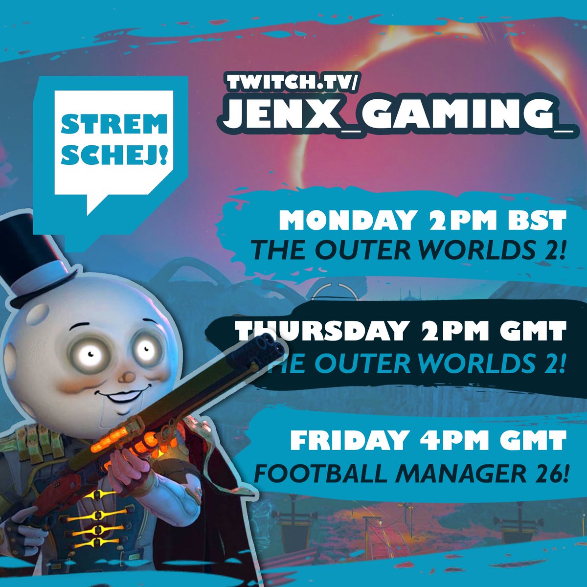 📢 STREAM.SKEDJ 📢

There's a Mooon MAAAANN waiting in the sky... he'd like to play some Outer Worlds 2 normally, but these Flaws are making him lose his mind.

More OW2 flaw-maxxing, plus Friday Footies where new signing "Ozz-Bozz" is flying atm!

See you there, nerds 👇
