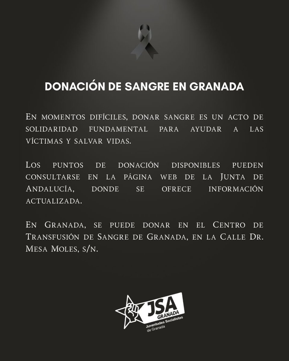 JSAGranadaCEP's tweet photo. ⚫️ Comunicado JSA Granada sobre la tragedia ocurrida en Adamuz, Córdoba.

🔗Enlace a los puntos de transfusión de sangre en Andalucía: https://t.co/EzcMr9Q2Nw https://t.co/uXHc0oUEJB